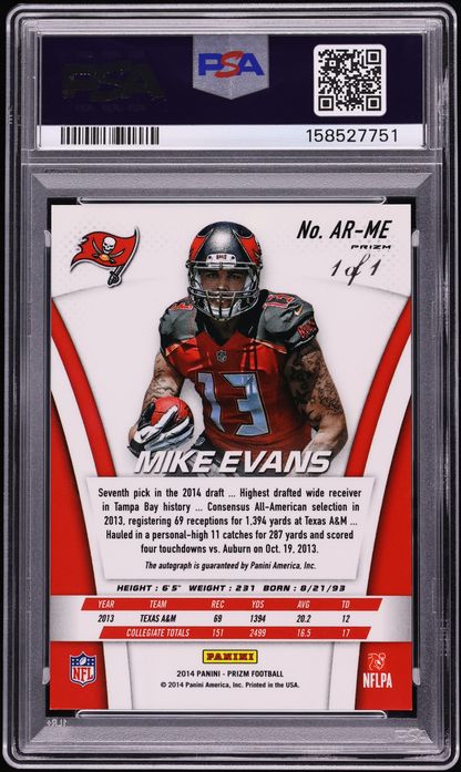 2014 Panini Prizm Black Finite Mike Evans ROOKIE AUTO DNA 10 1/1 #AR-ME PSA 7 NRMT
