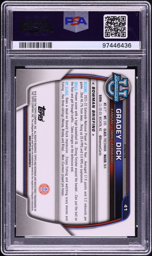 2022 Bowman Chrome University Refractor Gradey Dick ROOKIE #41 PSA 10 GEM MINT