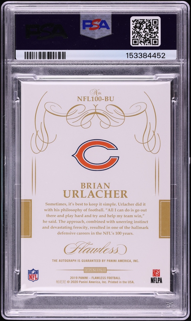 2019 Panini Flawless NFL 100 Silver Brian Urlacher AUTO 10/10 #NFL100-BU PSA 8 NM-MT - Photo 2
