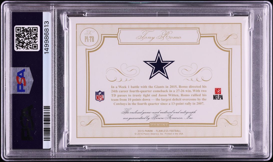 2015 Panini Flawless Ruby Tony Romo PATCH AUTO /15 #PA-TR PSA 9 MINT - Photo 2