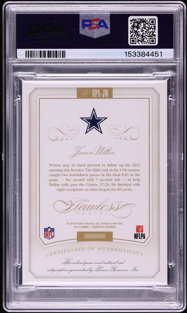 2015 Panini Flawless Greats Gold Jason Witten PATCH AUTO /10 #GPA-JW PSA 8 NM-MT - Photo 2