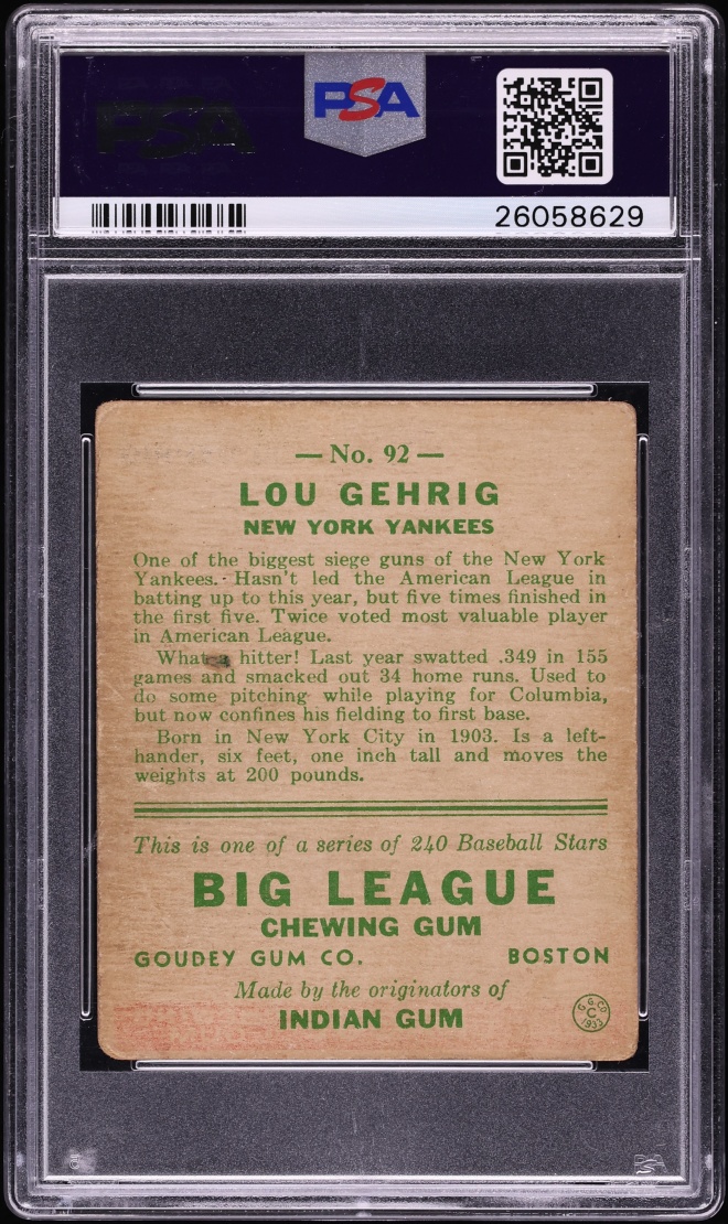 1933 Goudey Lou Gehrig #92 PSA 3 VG