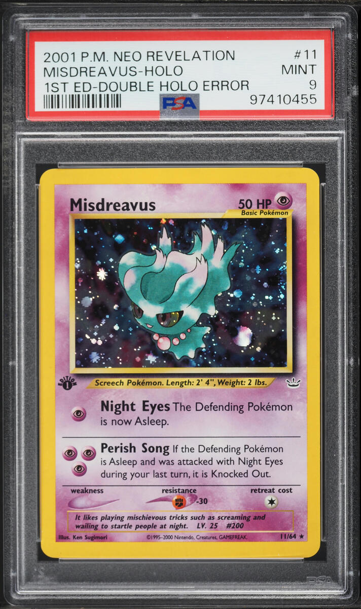 2001 Pokemon Neo Revelation 1st Edition Double Holo Error Misdreavus #11 PSA 9 MINT