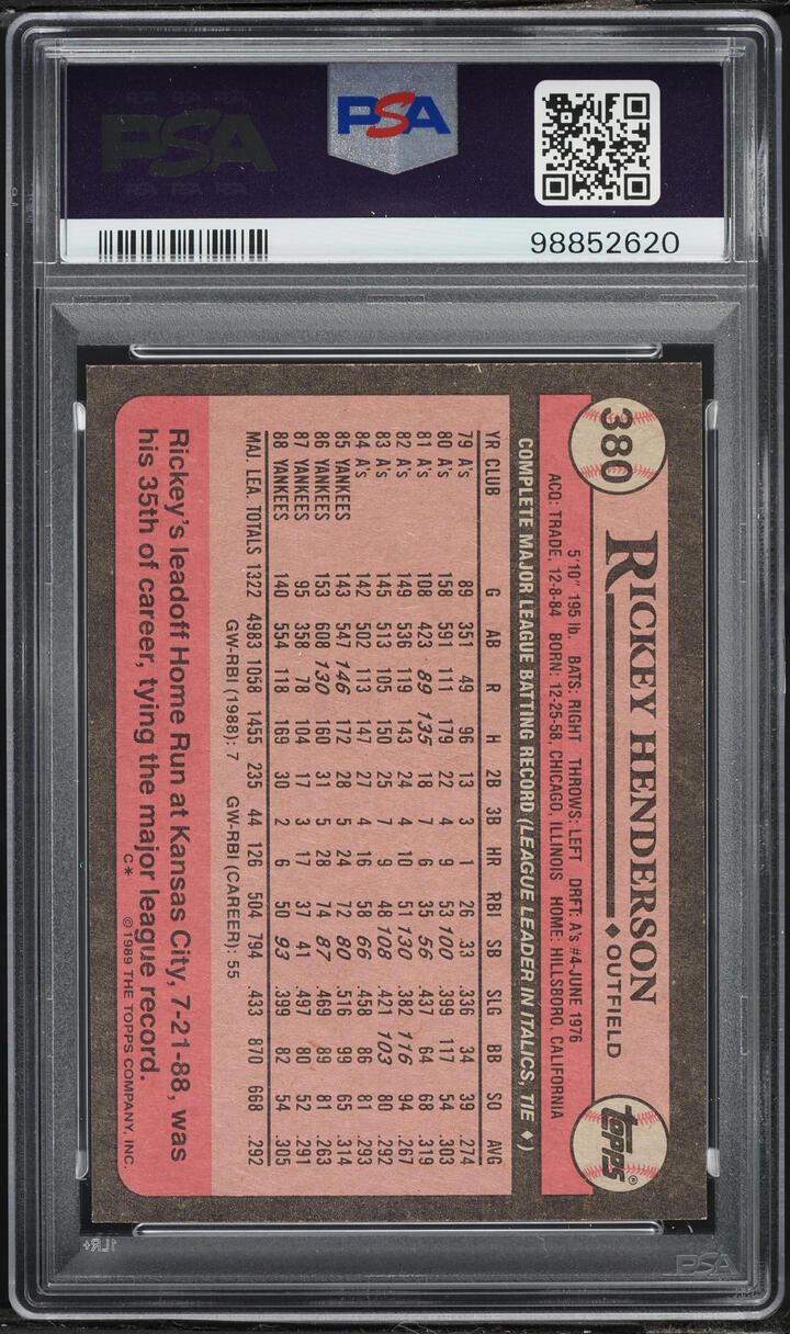 1989 Topps Rickey Henderson #380 PSA 9 MINT