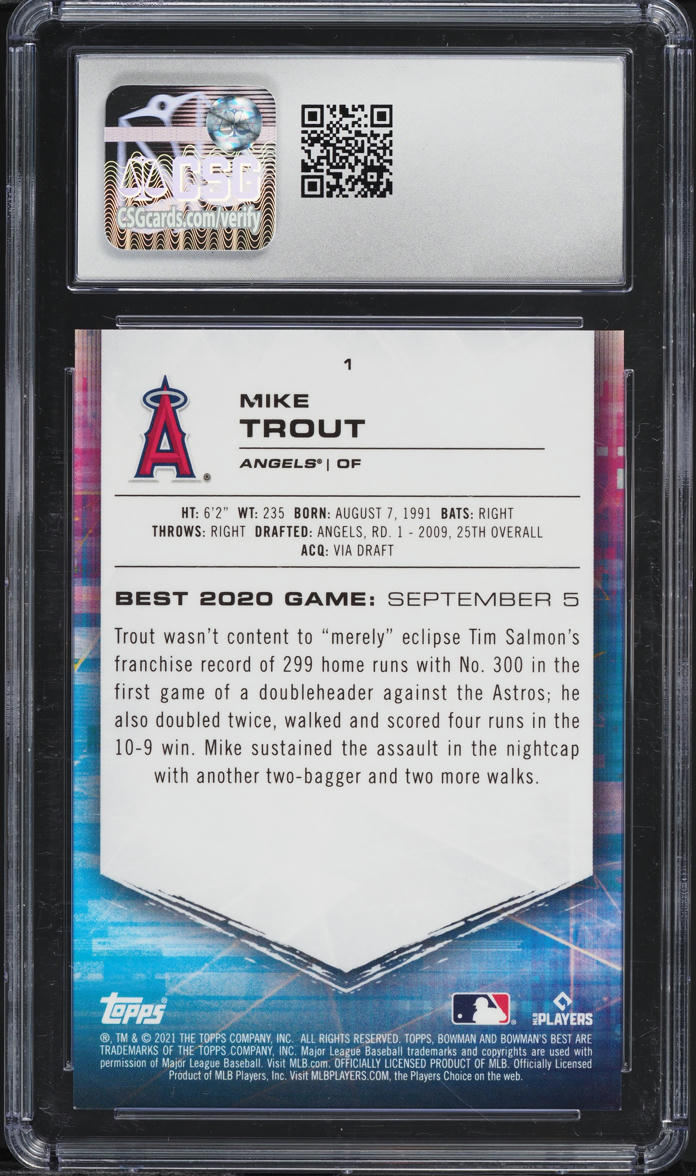 2021 Bowman's Best Purple Refractor Mike Trout /250 #1 CSG 9 MINT
