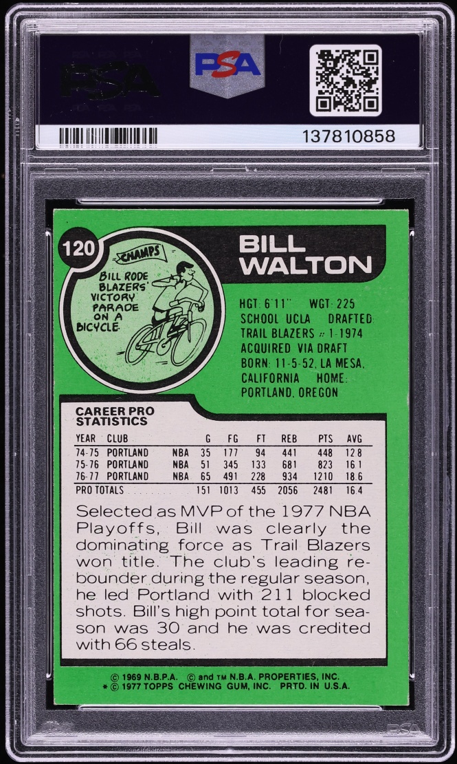 1977 Topps Basketball Bill Walton AUTO DNA 8 #120 PSA 6 EXMT