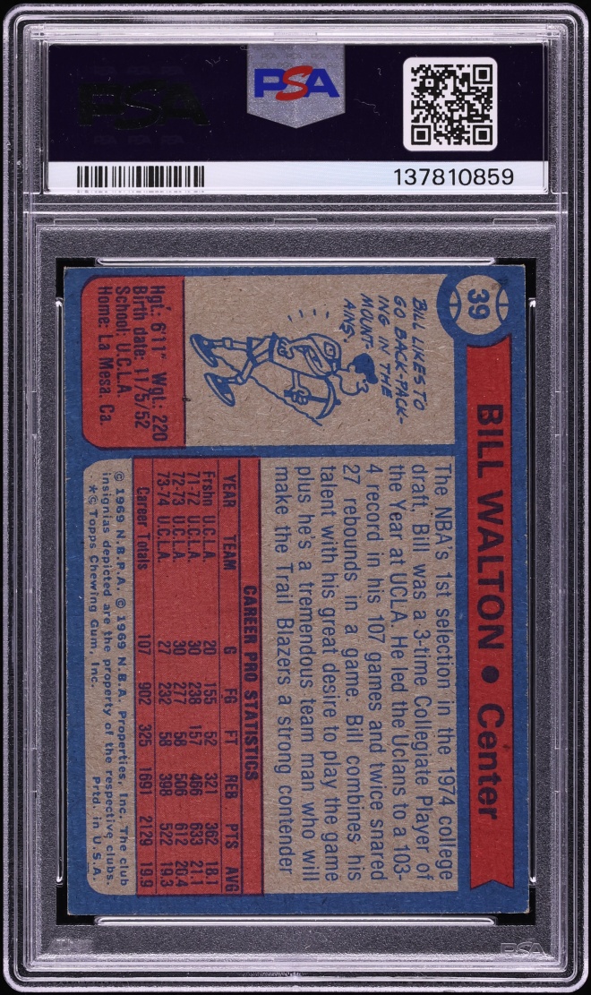 1974 Topps Basketball Bill Walton ROOKIE AUTO DNA 9 #39 PSA 6 EXMT