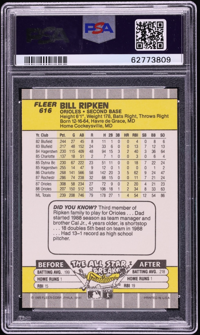 1989 Fleer Bill Ripken ROOKIE, FF ERROR #616 PSA 8 NM-MT