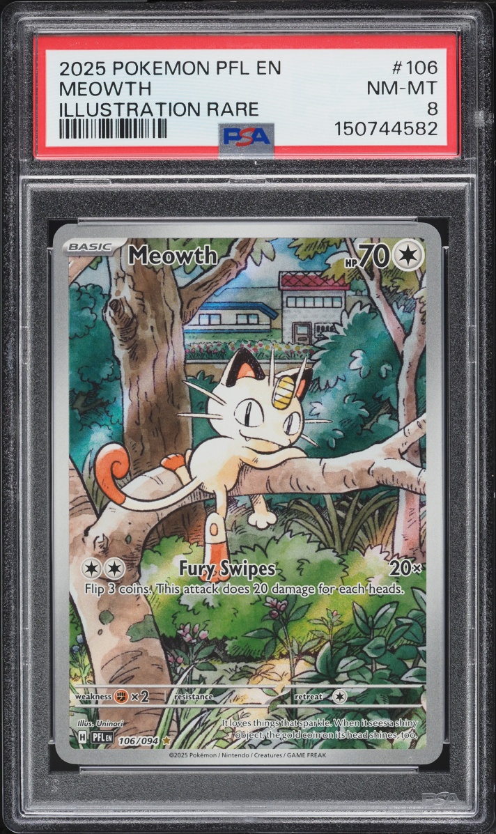 2025 Pokemon Mega Evolution Phantasmal Flames IR Meowth #106 PSA 8 NM-MT