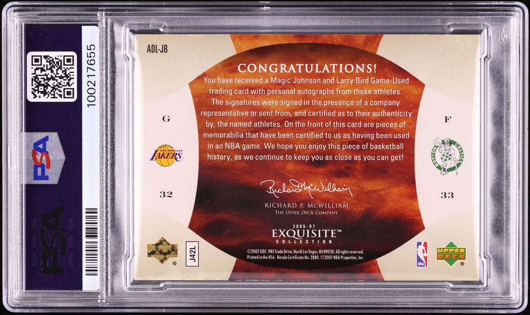 2006 Exquisite Dual Magic Johnson & Larry Bird LOGOMAN PATCH AUTO 1/1 PSA AUTH