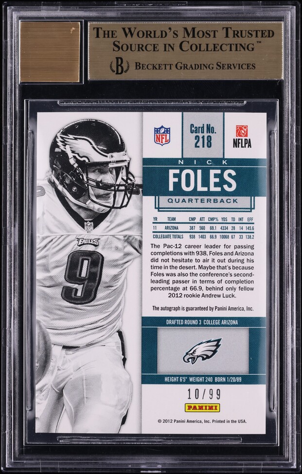 2012 Panini Contenders Playoff Nick Foles ROOKIE AUTO /99 #218 BGS 9.5 GEM MINT