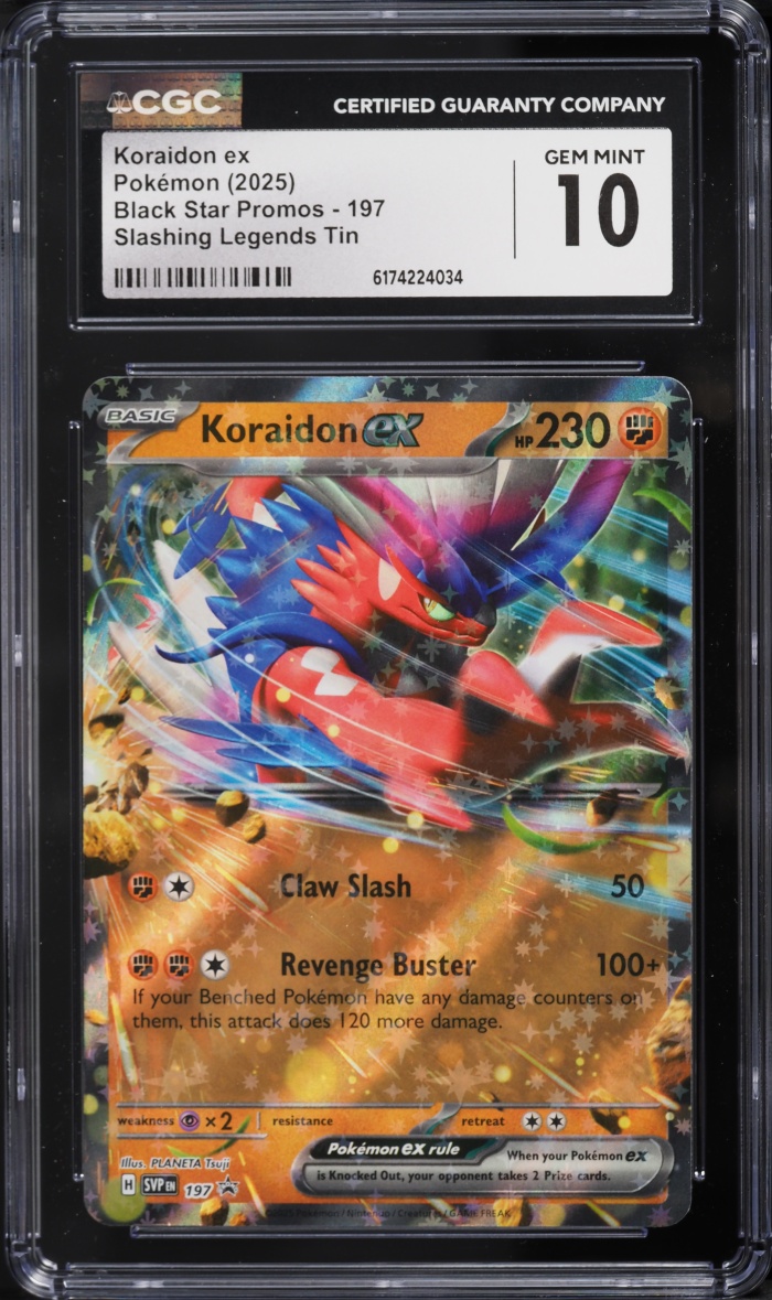 2025 Pokemon Scarlet & Violet Promo Slashing Legends Tin Holo Koraidon ex #197 CGC 10 GEM MINT