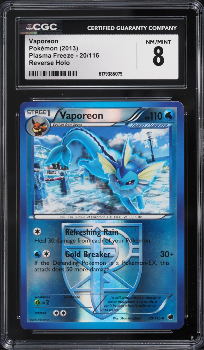 2013 Pokemon Black & White Plasma Freeze Reverse Holo Vaporeon #20 CGC 8 NM-MT