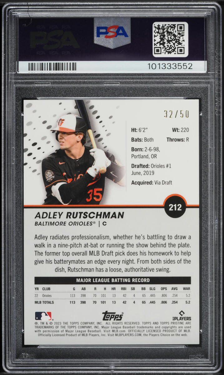 2023 Topps Pristine Gold Adley Rutschman ROOKIE /50 #212 PSA
