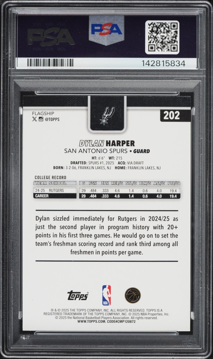 2025 Topps Rainbow Foilboard Dylan Harper ROOKIE #202 PSA 10 GEM MINT