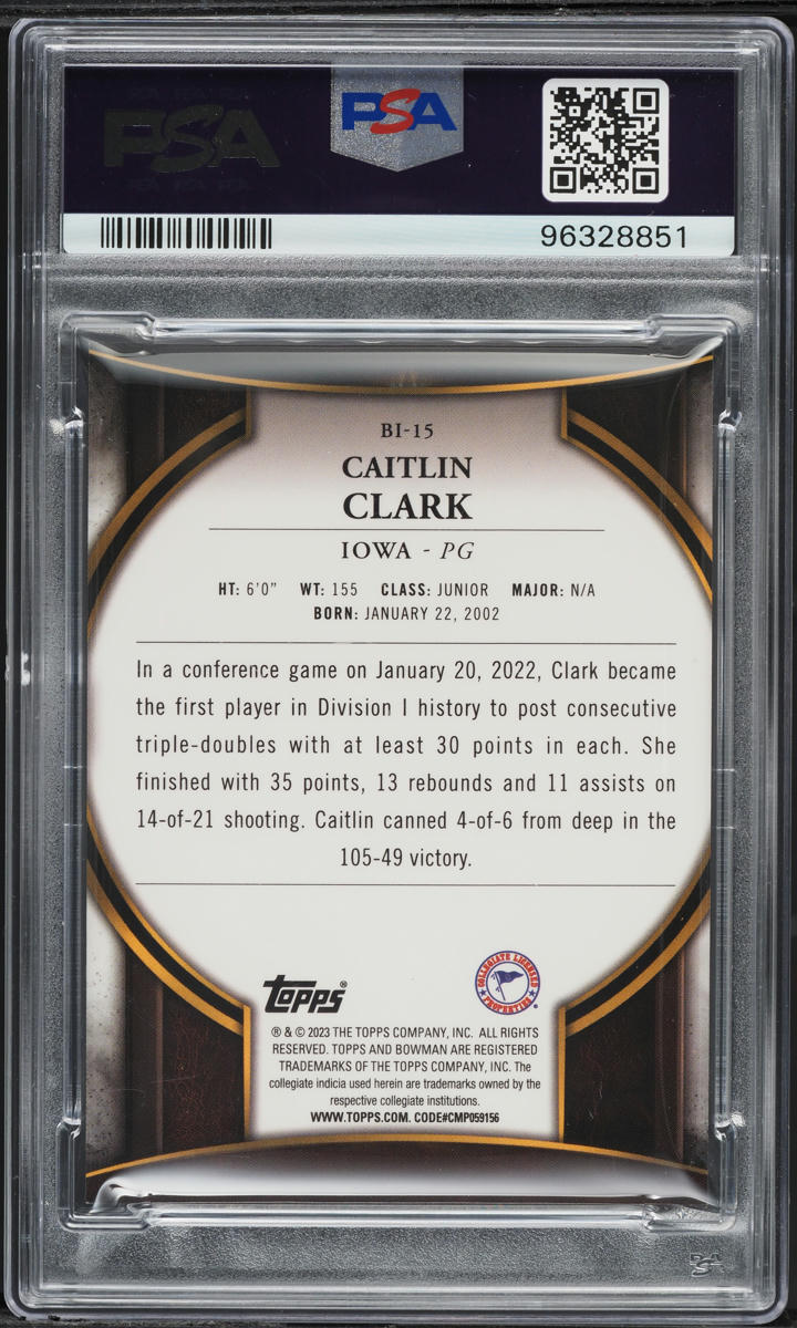 2022 Bowman Chrome University Invicta Caitlin Clark ROOKIE #BI-15 PSA 9 MINT