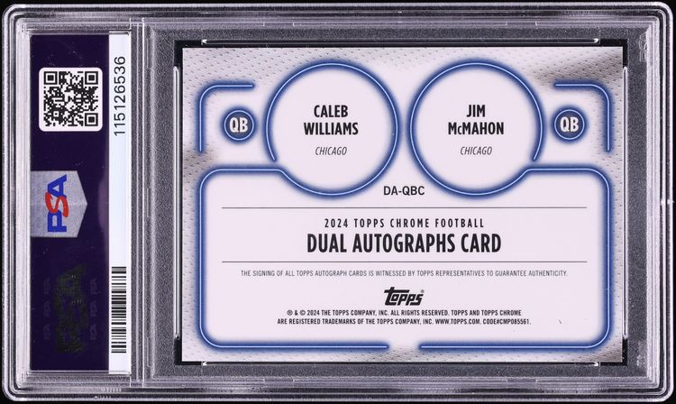 2024 Topps Chrome Dual Red Refractor Caleb Williams Jim McMahon ROOKIE AUTO /5 #DA-QBC PSA 9