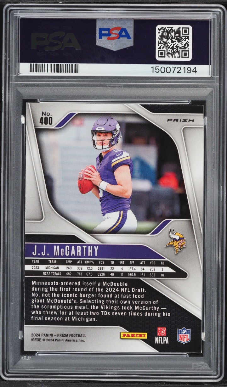 2024 Panini Prizm Red White Blue J.J. McCarthy ROOKIE #400 PSA 9 MINT