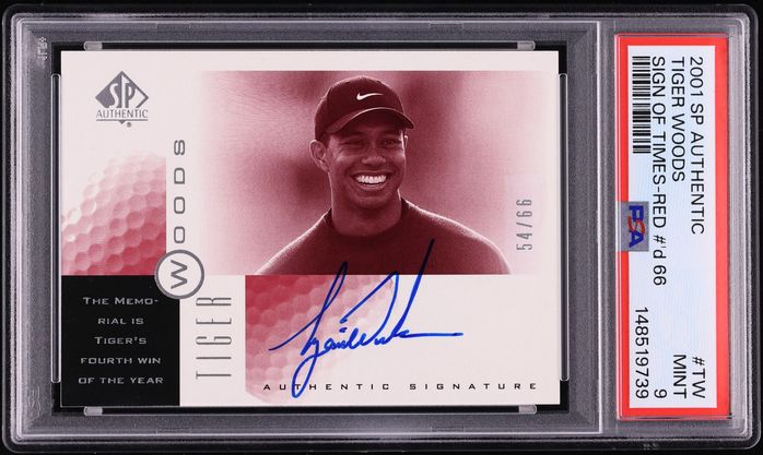 2001 SP Authentic Sign Of The Times Red Tiger Woods ROOKIE AUTO /66 #TW PSA 9 MINT