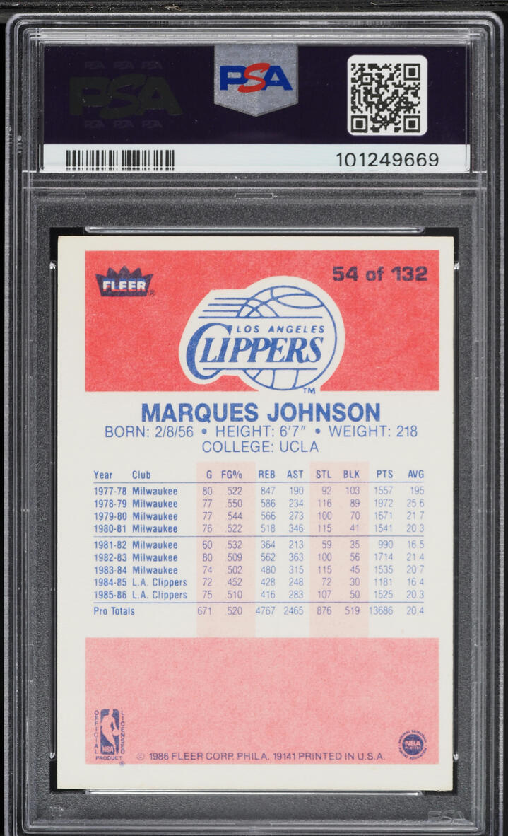 1986 Fleer Basketball Marques Johnson #54 PSA 7 NRMT