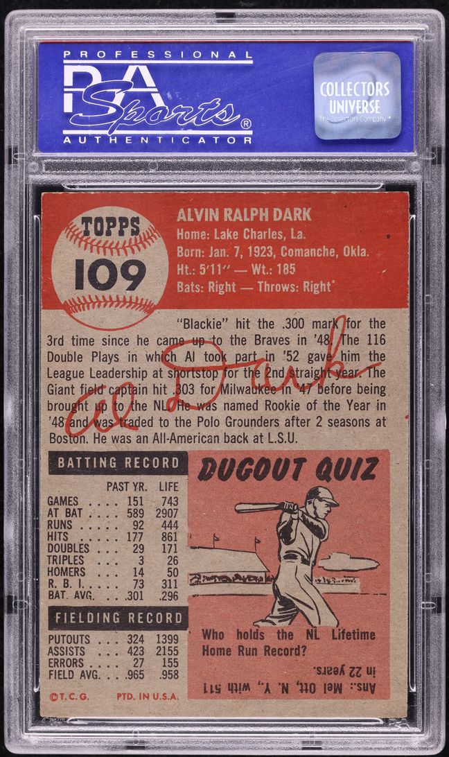1953 Topps Alvin Dark #109 PSA 7 NRMT
