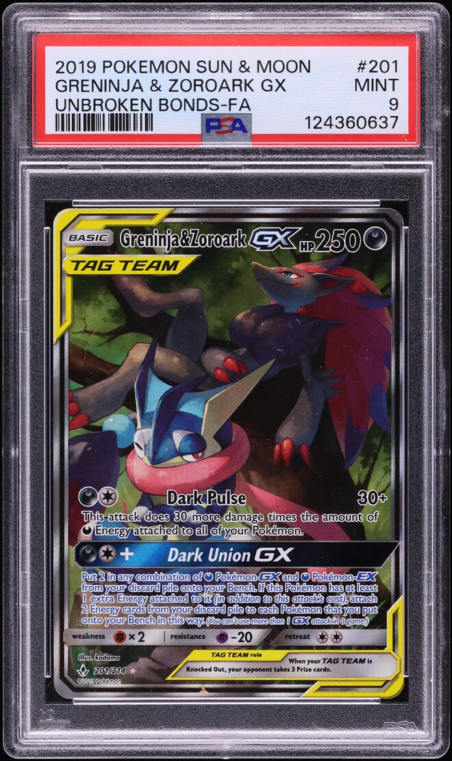 2019 Pokemon Sun & Moon Unbroken Bonds Alt Art Greninja & Zoroark GX #201 PSA 9 MINT