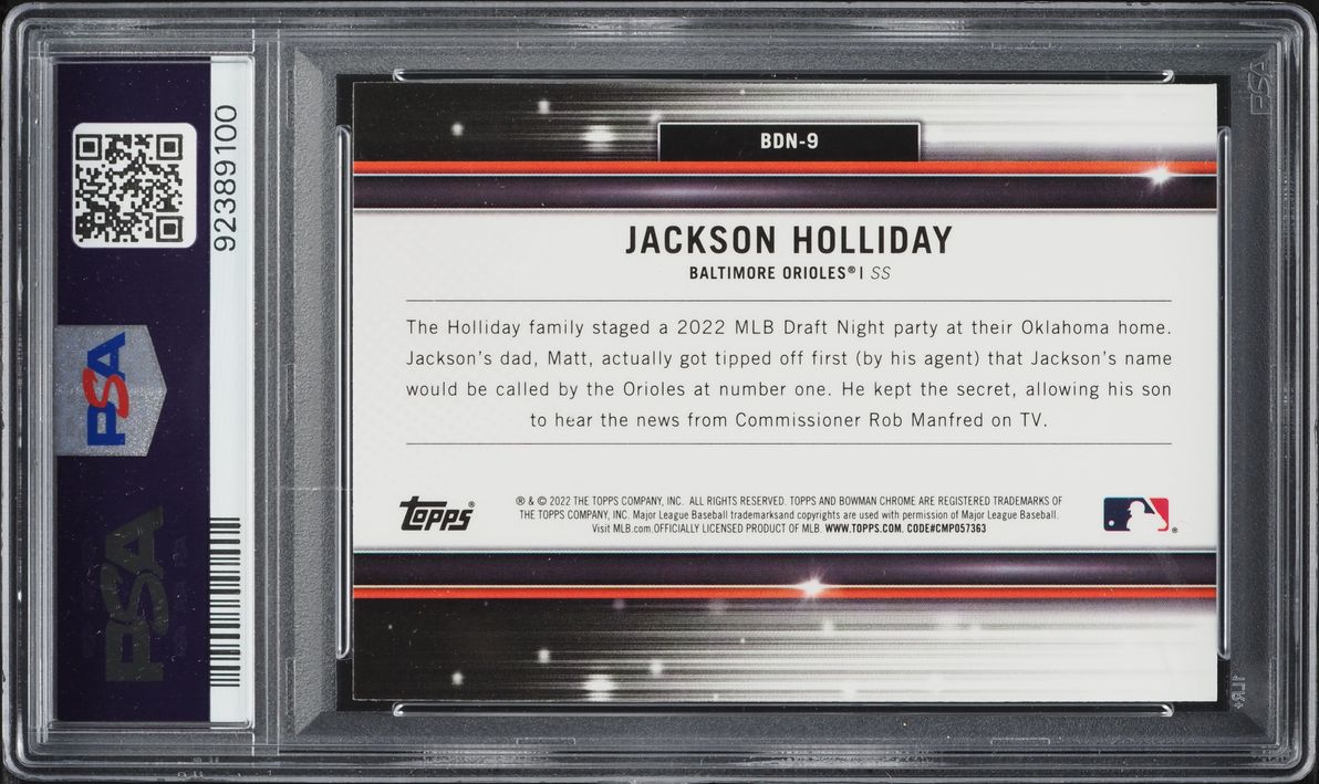 2022 Bowman Chrome Draft Night Jackson Holliday PROSPECT #BDN-9 PSA 10 GEM MINT