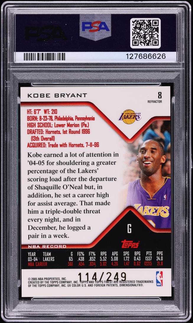 2004 Finest Refractor Kobe Bryant /249 #8 PSA 10 GEM MINT - Photo 2