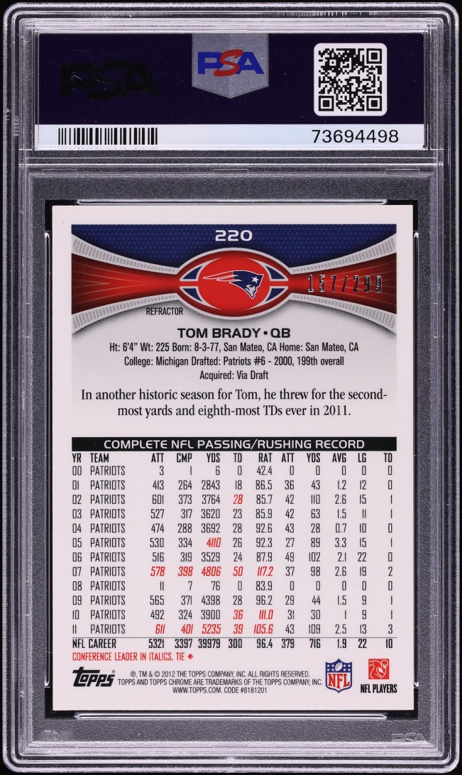 2012 Topps Chrome Black Refractor Tom Brady /299 #220 PSA 10 GEM MINT - Photo 2