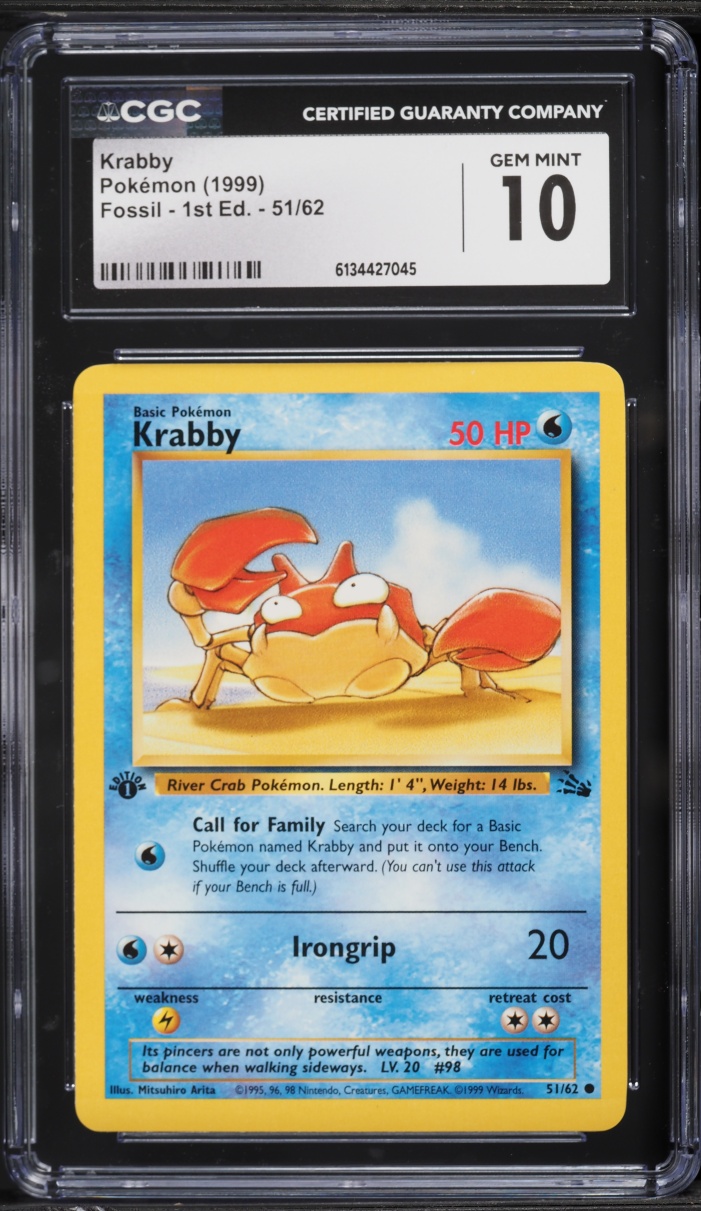 1999 Pokemon Fossil 1st Edition Krabby #51 CGC 10 GEM MINT