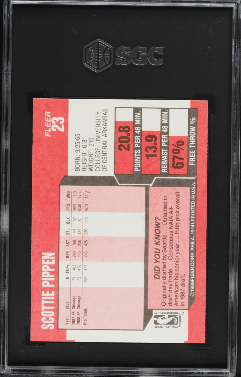 1989 Fleer Basketball Scottie Pippen #23 SGC 10 GEM MINT