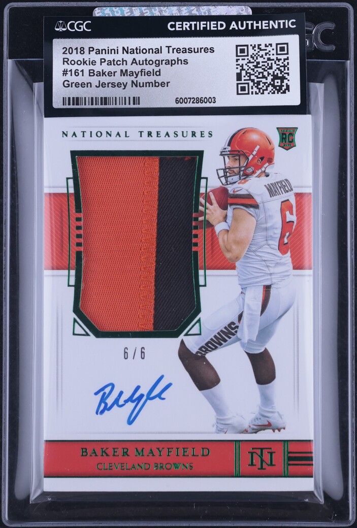 2018 National Treasures Green Number Baker Mayfield RC PATCH AUTO 6/6 CGC AUTH
