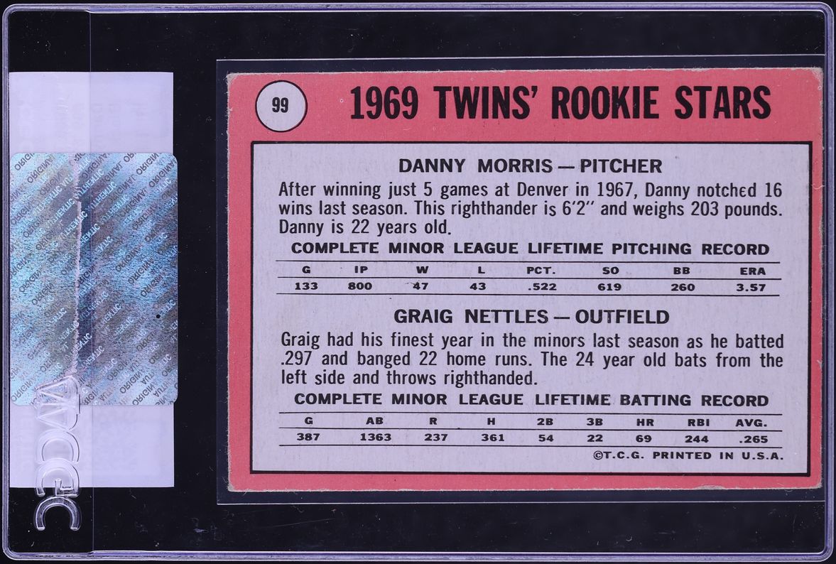 1969 Topps Graig Nettles ROOKIE, BLACK LOOP ABOVE TWINS #99 CGC AUTH