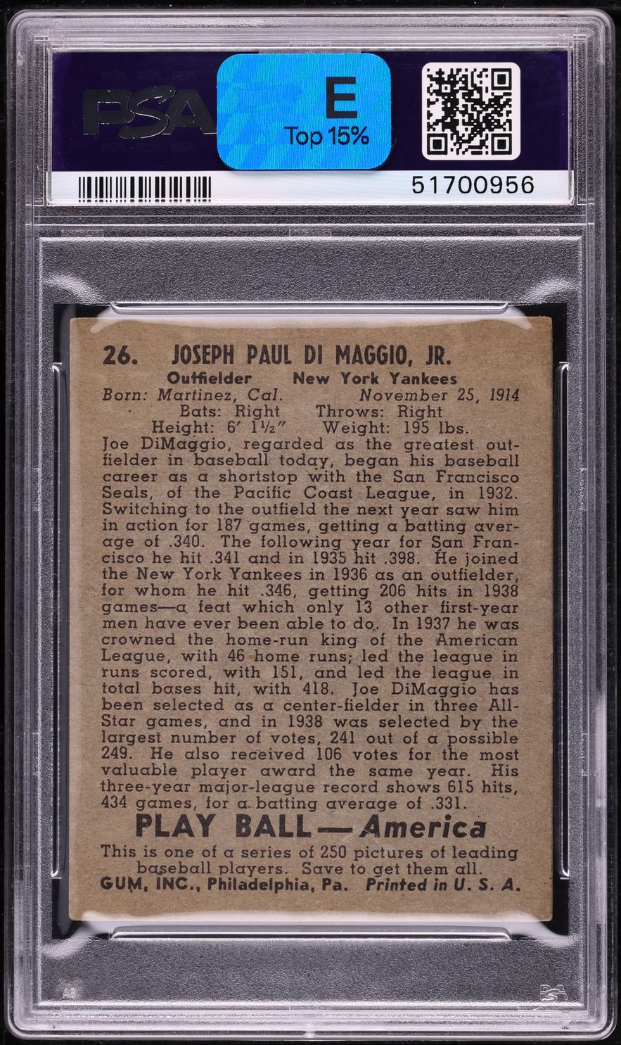 1939 Play Ball Joe DiMaggio #26 PSA 4 VGEX