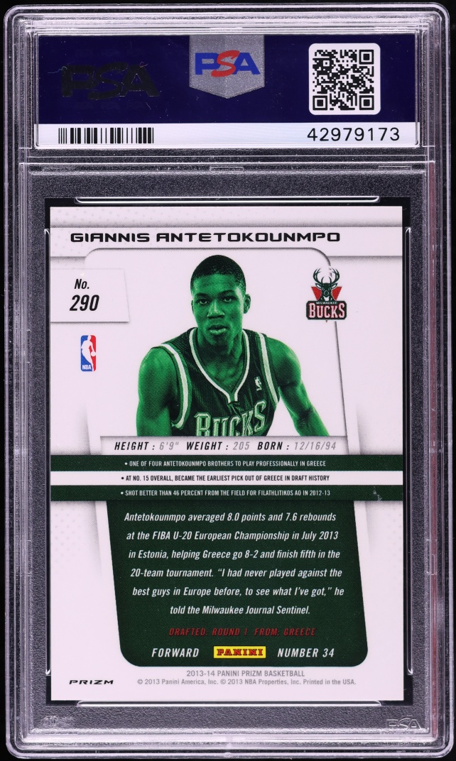 2013 Panini Prizm Silver Giannis Antetokounmpo ROOKIE #290 PSA 10 GEM MINT