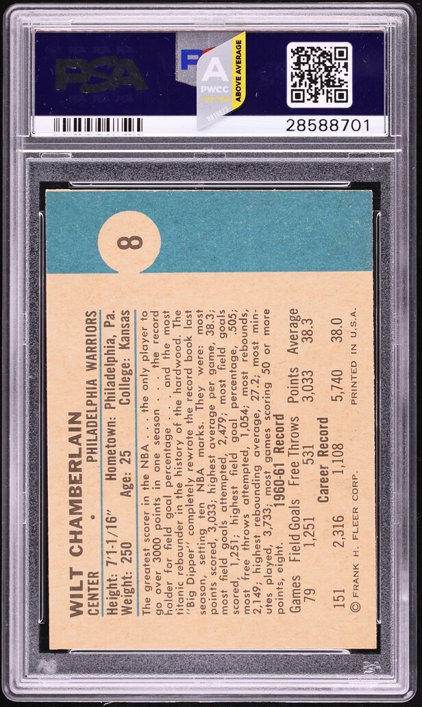 1961 Fleer Basketball Wilt Chamberlain ROOKIE #8 PSA 7 NRMT