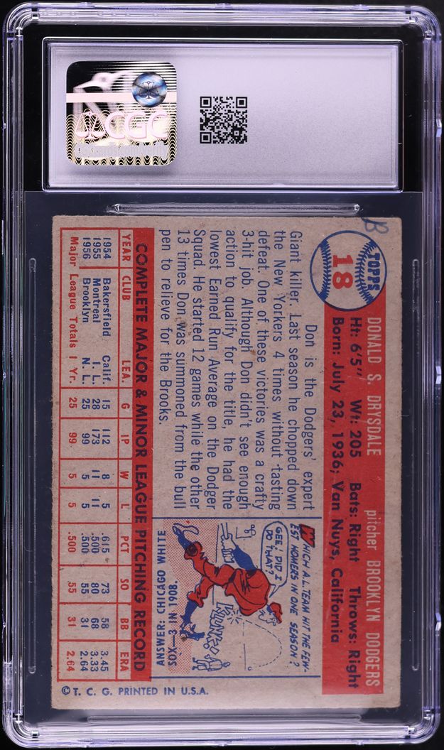 1957 Topps Don Drysdale ROOKIE #18 CGC 2 GD
