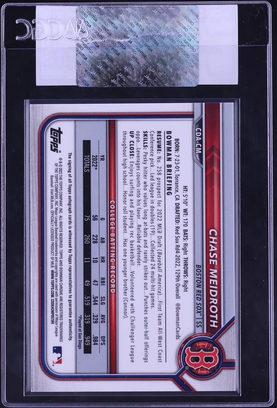 2022 Bowman Chrome Draft Chase Meidroth PROSPECT AUTO #CDA-CM CGC AUTH