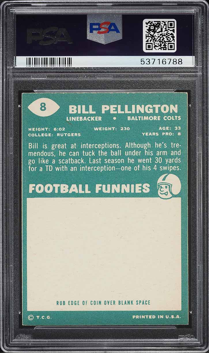 1960 Topps Football Bill Pellington #8 PSA 6 EXMT