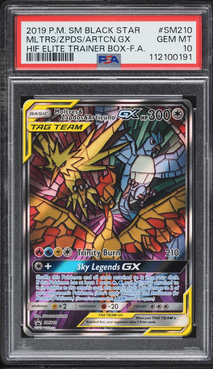 2019 Pokemon Sun & Moon Promo Hidden Fates Alt Art Moltres & Zapdos & Articuno GX #210 PSA 10