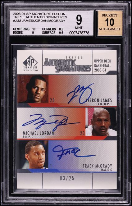 2003 SP Signature Triple Tracy McGrady Michael Jordan LeBron James ROOKIE AUTO /25 #JJM BGS 9 - Photo 1