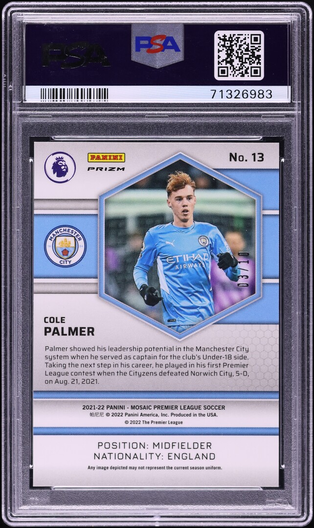 2021 Panini Mosaic Premier League Gold Cole Palmer ROOKIE /10 #13 PSA 9 MINT