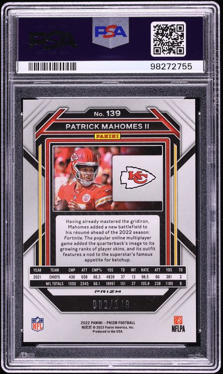 2022 Panini Prizm Red Wave Patrick Mahomes II /149 #139 PSA 10 GEM MINT