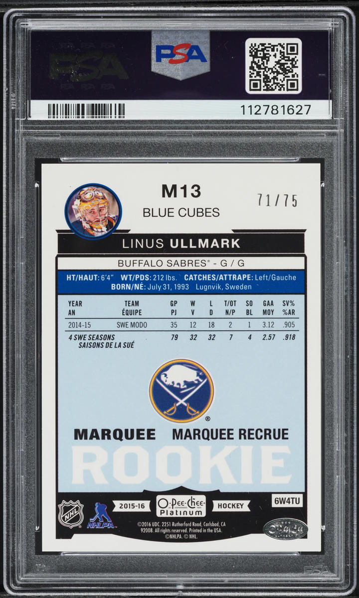 2015 O-Pee-Chee Platinum Marquee Blue Cubes Linus Ullmark ROOKIE /75 PSA 9 MINT