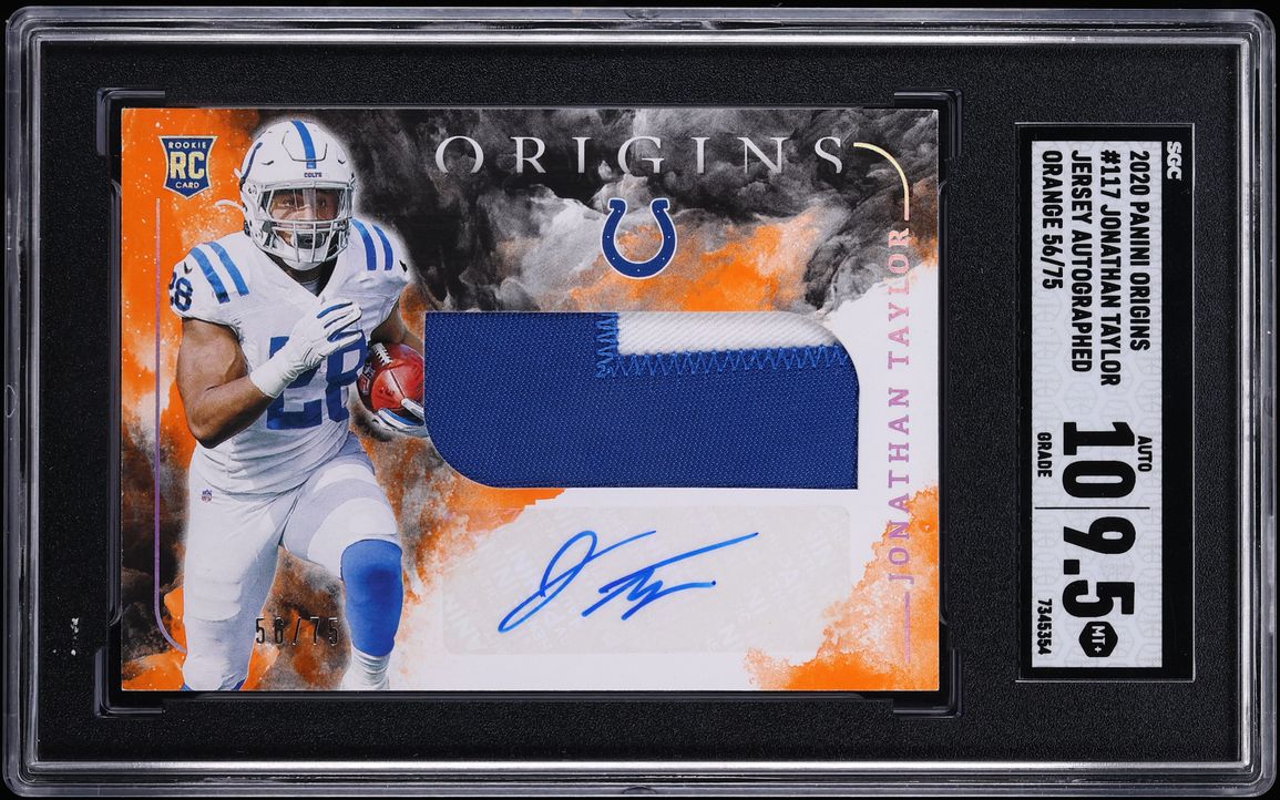 2020 Panini Origins Orange Jonathan Taylor ROOKIE PATCH AUTO /75 #117 SGC 9.5 MINT+