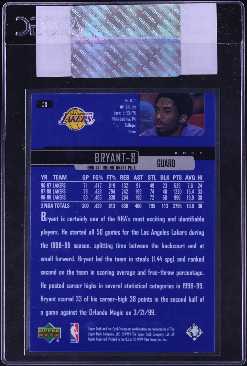 1999 Upper Deck Basketball Kobe Bryant #58 CGC AUTH