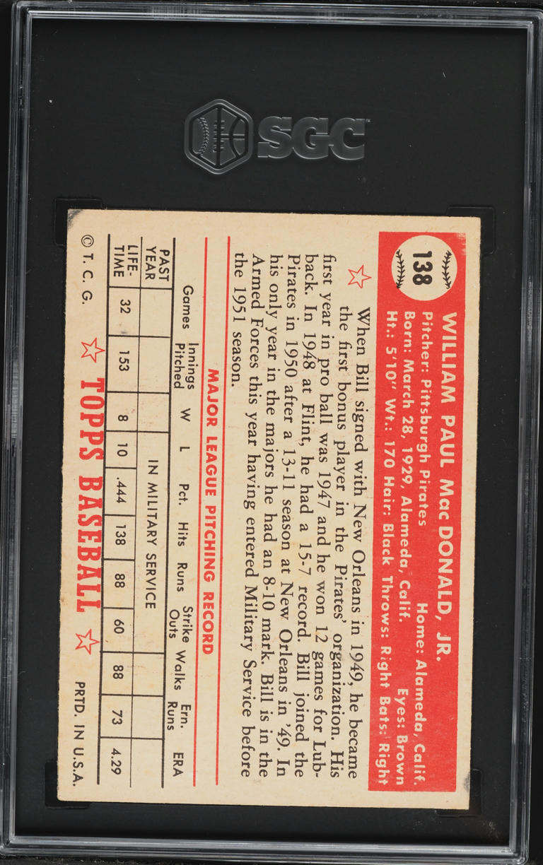 1952 Topps Bill MacDonald #138 SGC 4.5 VGEX+