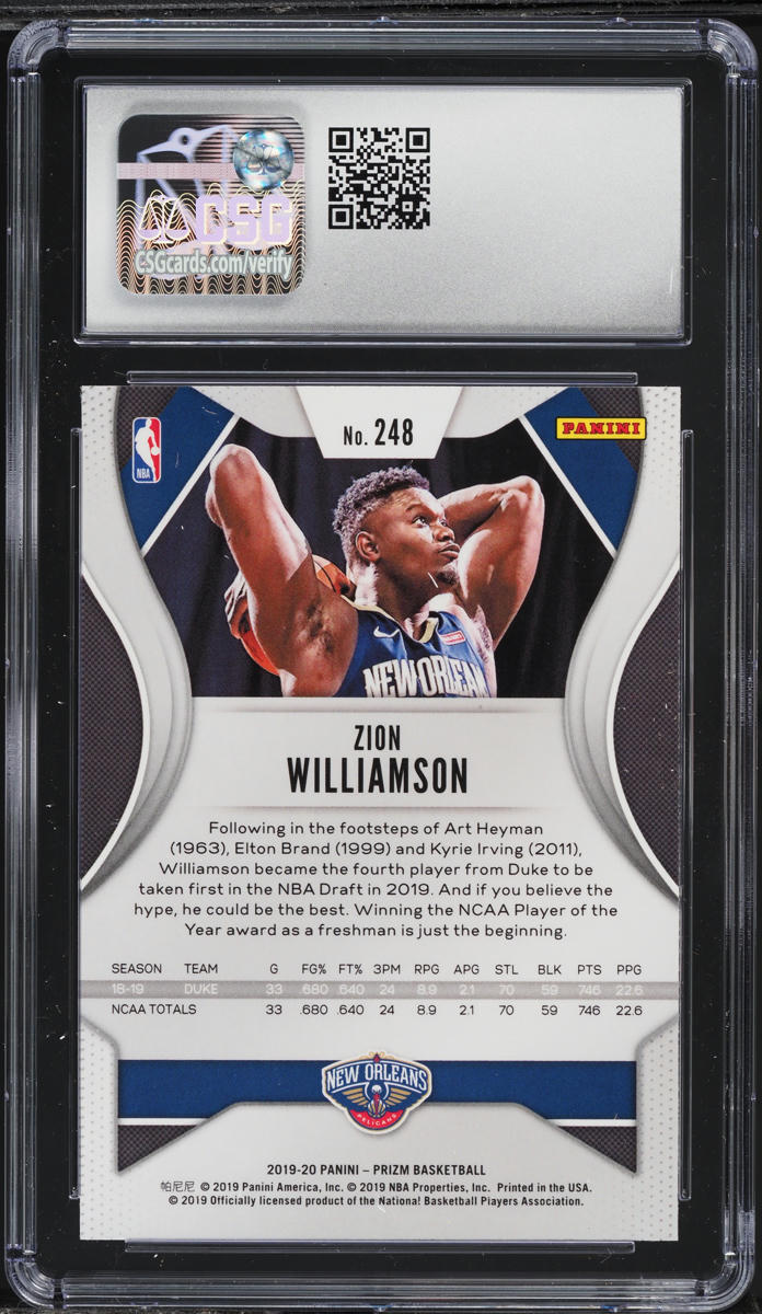 2019 Panini Prizm Zion Williamson ROOKIE #248 CSG 8.5 NM-MT+