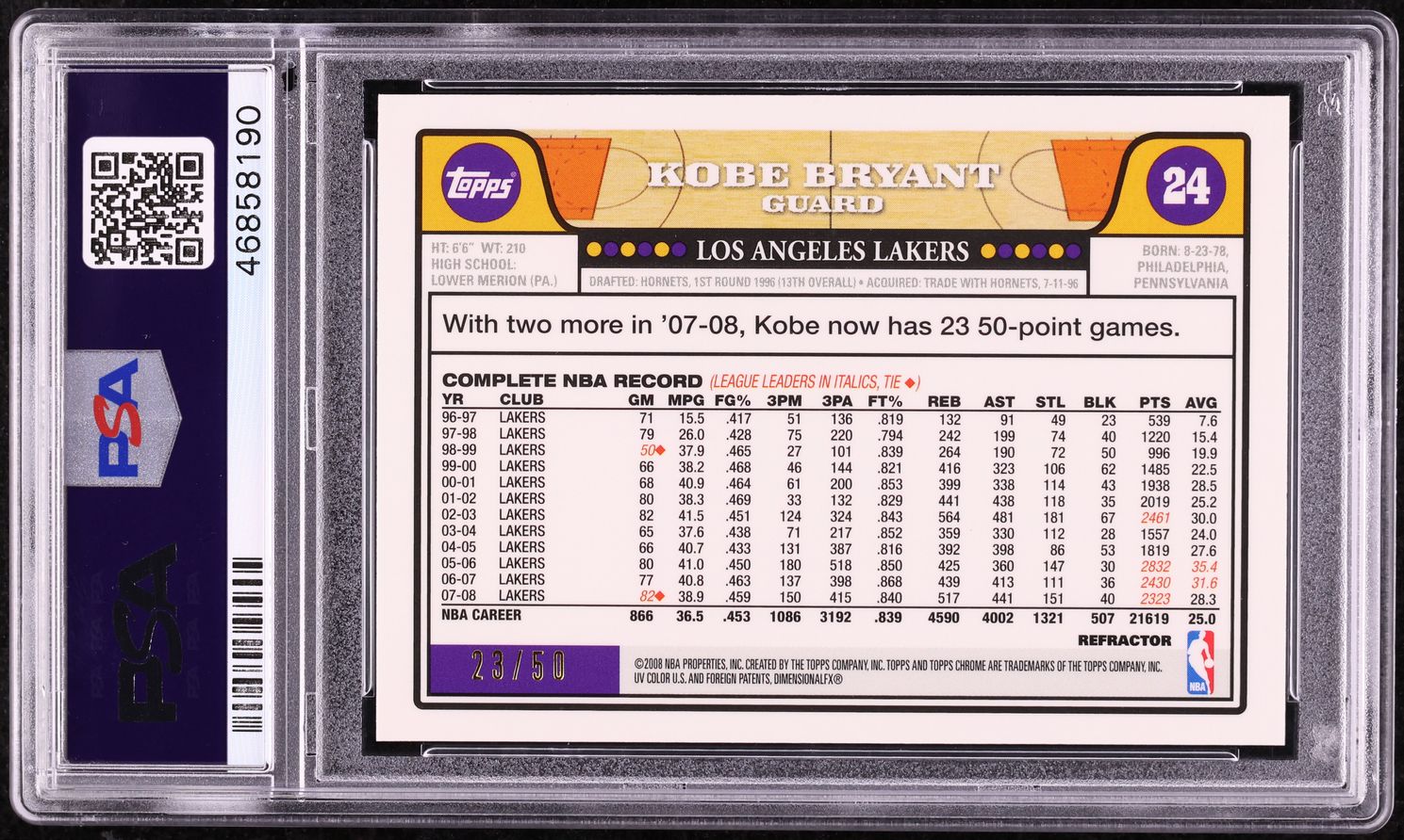 2008 Topps Chrome Gold Refractor Kobe Bryant w/ LeBron James 23/50 #24 PSA 10