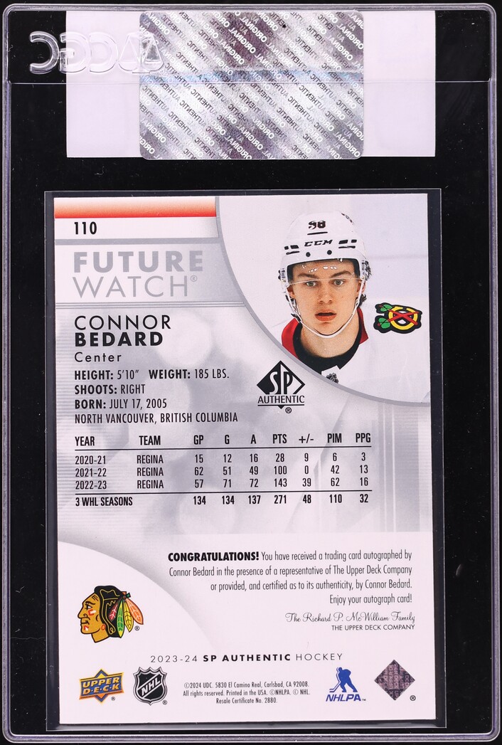 2023 SP Authentic Future Watch Connor Bedard ROOKIE AUTO /999 #110 CGC AUTH